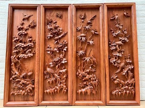 Tranh Tứ Quý Gỗ Tùng Cúc Trúc Mai Kích Thước 117*37*5 Cm Gỗ Hương Đá
