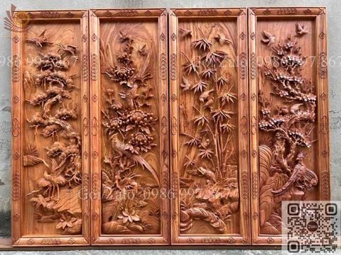 Tranh Tứ Quý Gỗ Tùng Cúc Trúc Mai Kích Thước 127*42*5 Cm Gỗ Hương Đá