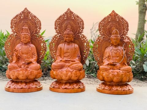 Tượng Phật - Tam Thánh Gỗ Hương Đá Cao 38 cm