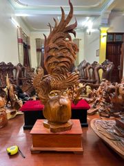 Tượng Linh Vật - Gà Trống Cao 80cm, Rộng 36cm, Sâu 19cm, Gỗ Hương Đá