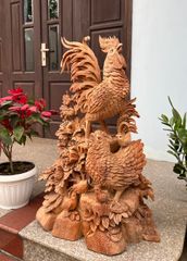 Tượng Linh Vật - Gia Đình Gà Sung Túc Cao 83cm Gỗ Hương Gia Lai