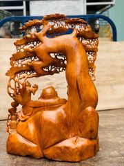 Tượng Phật - Di Lặc Ngồi Gốc Tùng Cao 72cm Gỗ Hương Đá