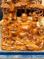 Tượng Phật - Di Lặc Ngồi Gốc Tùng Cao 72cm Gỗ Hương Đá