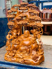 Tượng Phật - Di Lặc Ngồi Gốc Tùng Cao 72cm Gỗ Hương Đá