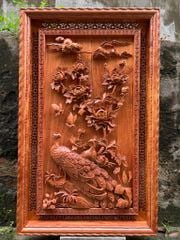 Tranh Gỗ Phong Thủy - Tranh Chim Công Hoa Mẫu Đơn Kích Thước Ngang 67cm, cao 108cm