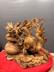 Tượng Linh Vật - Nhất Long Bảo Châu Gỗ Ngọc Am Cao 36cm