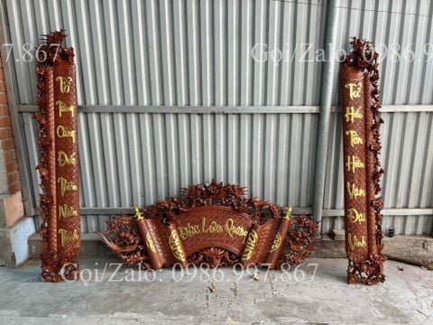 Cuốn Thư Câu Đối Gỗ Gụ Lào Song Long Dát Vàng Theo Yêu Cầu Kích Thước Cuốn Thư 175*69*4- Câu Đối Kt 175*28*4 Chữ Việt