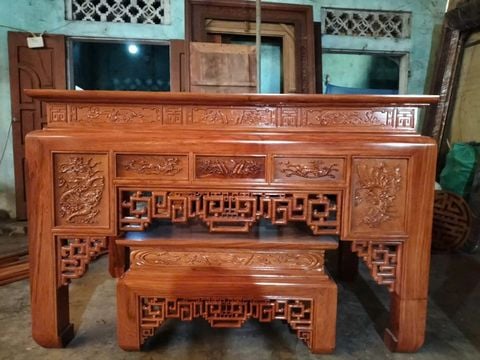 Bàn Thờ Đứng Gỗ Hương Đá Ngang 175cm + Bàn Cơm - Đục Giả Ôsa