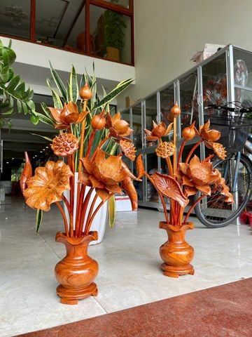 Bình Hoa Sen Gỗ Hương Đá- 15 Cành - Kích Thước Cao 76cm, Ngang 55cm, Sâu 38cm ( ĐÔI)