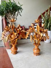 Bình Hoa Sen Gỗ Ngọc Am- 15 Cành - Kích Thước Cao 76cm, Ngang 55cm, Sâu 38cm ( ĐÔI)