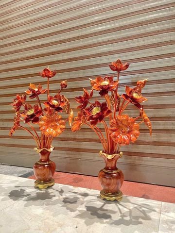 Bình Hoa Sen Gỗ Hương Đỏ 15 Cành, Cao 95cm, Ngang 50Cm, Sâu 40cm ( Bình )