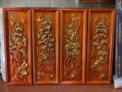 Tranh Tứ Quý Gỗ Tùng Cúc Trúc Mai Dát Vàng Kích Thước 107*37*4 Cm Gỗ Hương Đỏ