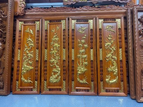 Tranh Tứ Quý Gỗ Tùng Cúc Trúc Mai Dát Vàng Kích Thước 107*37*3 Cm Gỗ Hương Đỏ
