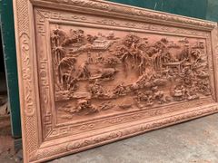Tranh Gỗ Đồng Quê - Gỗ Hương Đá  - Khung Hoa Văn - Đục Tay- Dày 6cm