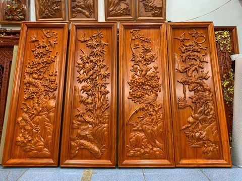Tranh Tứ Quý Gỗ Tùng Cúc Trúc Mai Kích Thước 117*40*4 Cm Gỗ Hương Đỏ