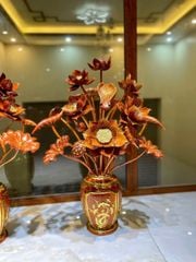 Bình Hoa Sen Gỗ Hương Đỏ 19 Bông- Cao 92cm, Ngang 65cm