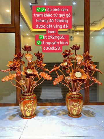 Bình Hoa Sen Gỗ Hương Đỏ 19 Bông- Cao 92cm, Ngang 65cm
