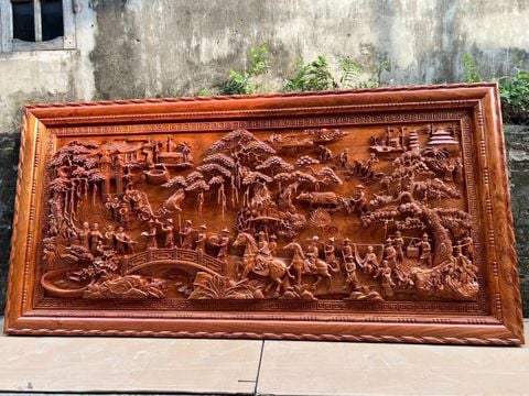 Tranh Gỗ Vinh Quy Bái Tổ- Kích Thước Ngang 237cm, Cao 117cm, Dày 8cm- Gỗ Hương Đá