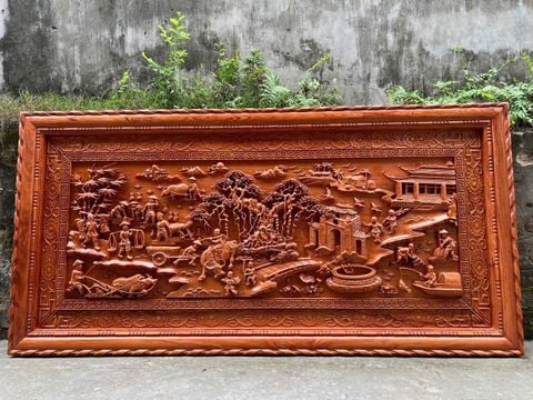 Tranh Gỗ Đồng Quê Kích Thước 217 x 107 x6 Cm Gỗ Hương Đá- Khung Trơn