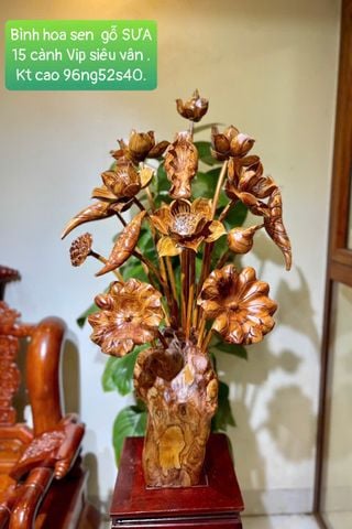 Bình Hoa Sen Gỗ - Gỗ Sưa - 15 Cành