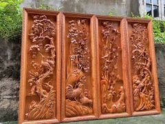 Tranh Tứ Quý Gỗ Tùng Cúc Trúc Mai Kênh Bong Kích Thước 127*42*7 Cm Gỗ Hương Đá