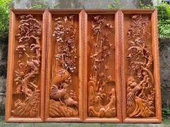 Tranh Tứ Quý Gỗ Tùng Cúc Trúc Mai Kênh Bong Kích Thước 127*42*7 Cm Gỗ Hương Đá