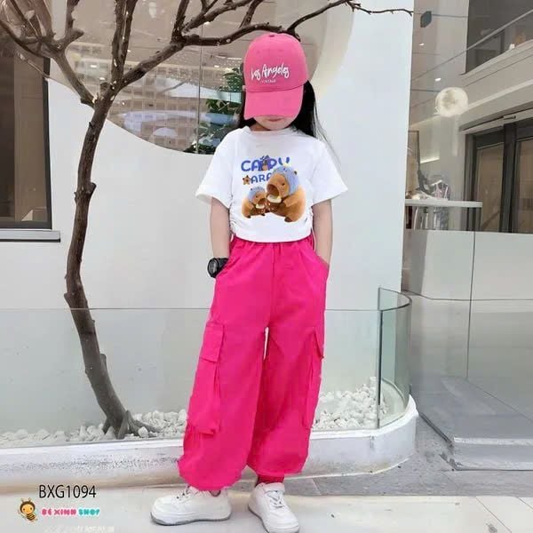 Bộ áo rút dây CapyBara quần kaki jogger túi hộp dễ thương cho bé gái đi chơi, học nhảy BXG1092