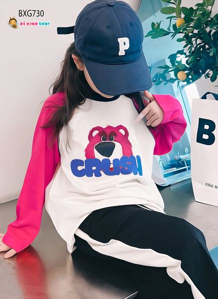 Bộ dài tay thu đông gấu Dâu quần ống suông dễ thương cho bé gái BXG730