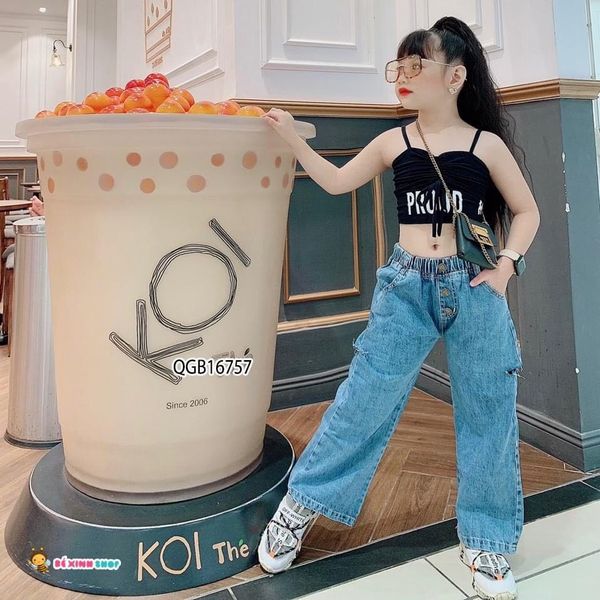 [XẢ KHO] Quần jeans dài ống rộng đính nút giữa QGB16757