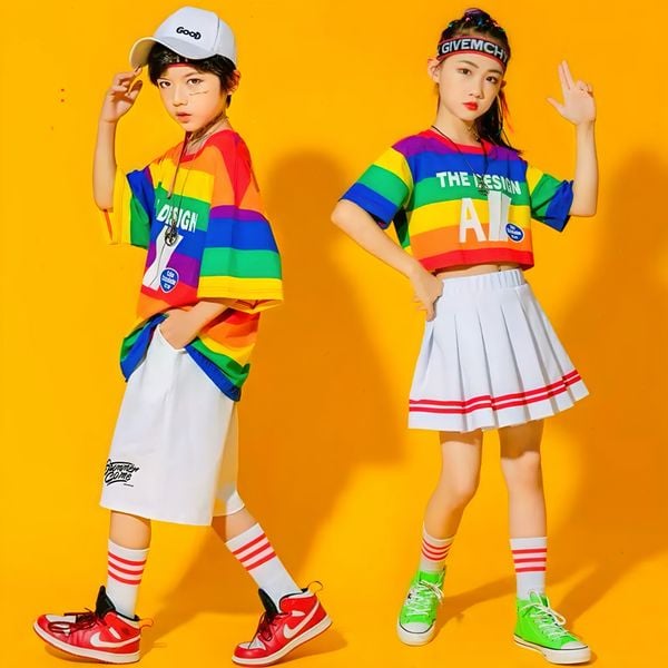 Set cầu vồng Hiphop cho bé trai & bé gái mang đôi, làm đồng phục nhảy BXG652