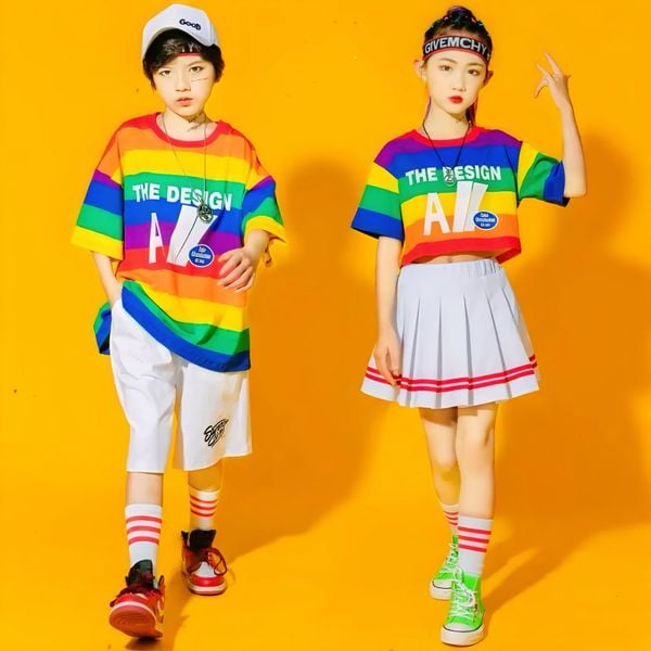 Set cầu vồng Hiphop cho bé trai & bé gái mang đôi, làm đồng phục nhảy BXG652