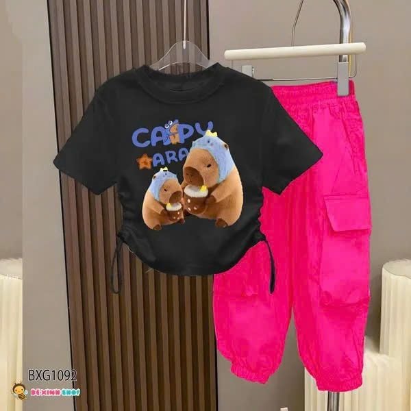 Bộ áo rút dây CapyBara quần kaki jogger túi hộp dễ thương cho bé gái đi chơi, học nhảy BXG1092