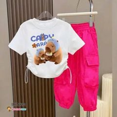 Bộ áo rút dây CapyBara quần kaki jogger túi hộp dễ thương cho bé gái đi chơi, học nhảy BXG1092