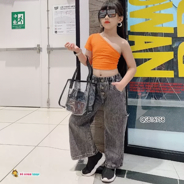 [XẢ KHO] Quần jeans dài ống rộng đính nút giữa QGB16757