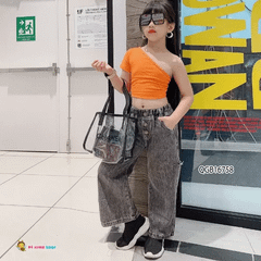 [XẢ KHO] Quần jeans dài ống rộng đính nút giữa QGB16757