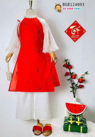 Áo dài tơ xốp cao cấp thêu hoa cổ tròn kết cườm dễ thương cho bé gái BGB124093