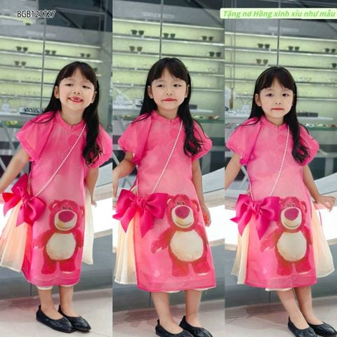 [XẢ KHO] Áo dài cách tân gấu dâu kèm nơ dễ thương cho bé gái đi chơi BGB123727