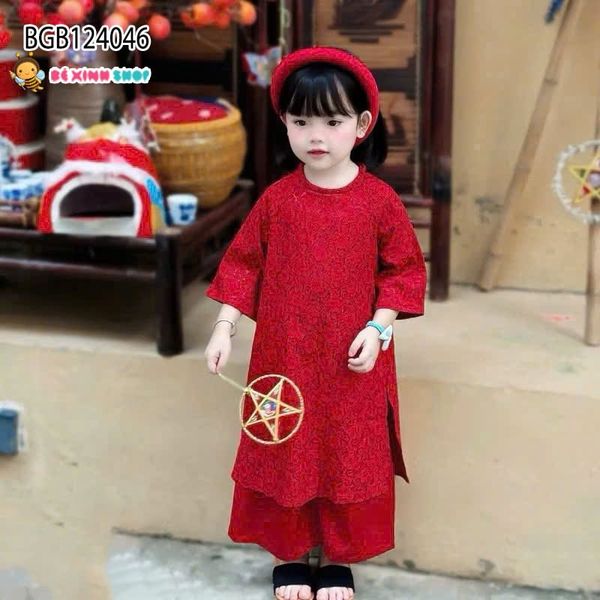 Set áo dài gấm kèm băng đô vải dễ thương cho bé gái BGB124045