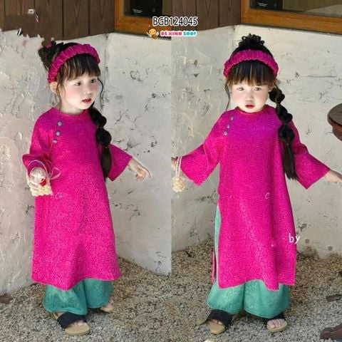 Set áo dài gấm kèm băng đô vải dễ thương cho bé gái BGB124045