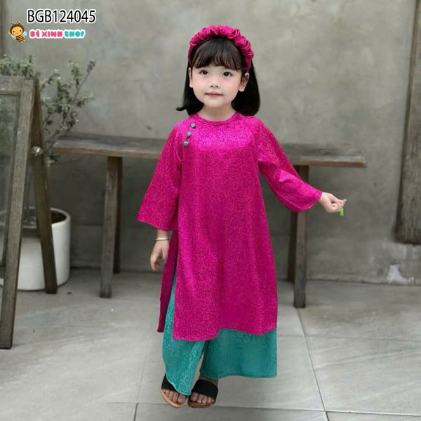 Set áo dài gấm kèm băng đô vải dễ thương cho bé gái BGB124045