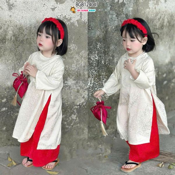 Set áo dài gấm kèm băng đô vải dễ thương cho bé gái BGB124045