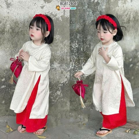 Set áo dài gấm kèm băng đô vải dễ thương cho bé gái BGB124045