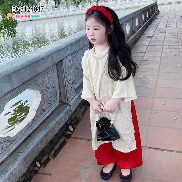 Set áo dài gấm kèm băng đô vải dễ thương cho bé gái BGB124045