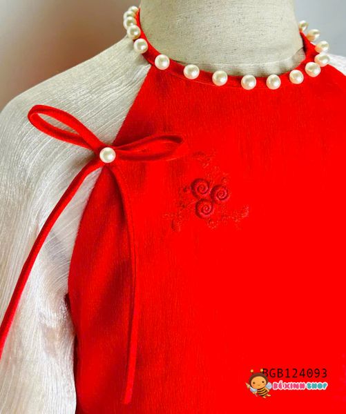 Áo dài tơ xốp cao cấp thêu hoa cổ tròn kết cườm dễ thương cho bé gái BGB124093