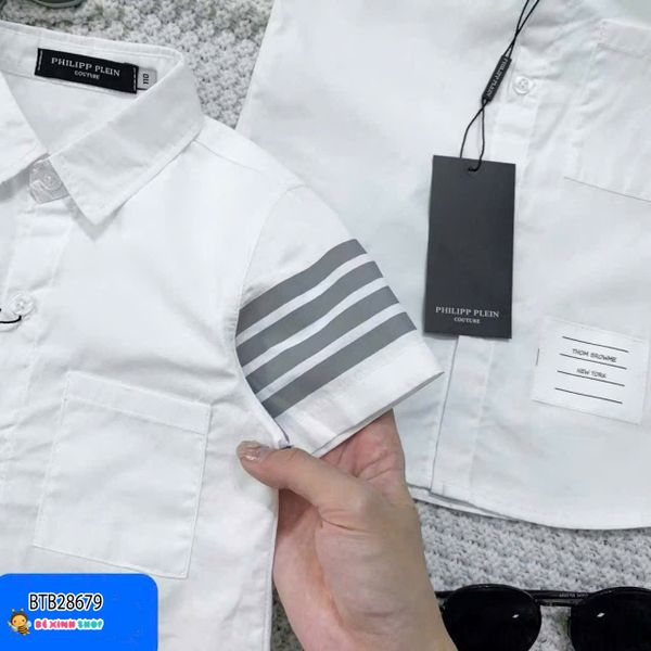 Áo sơ mi trắng ngắn tay phối sọc dễ thương cho bé trai BTB28679