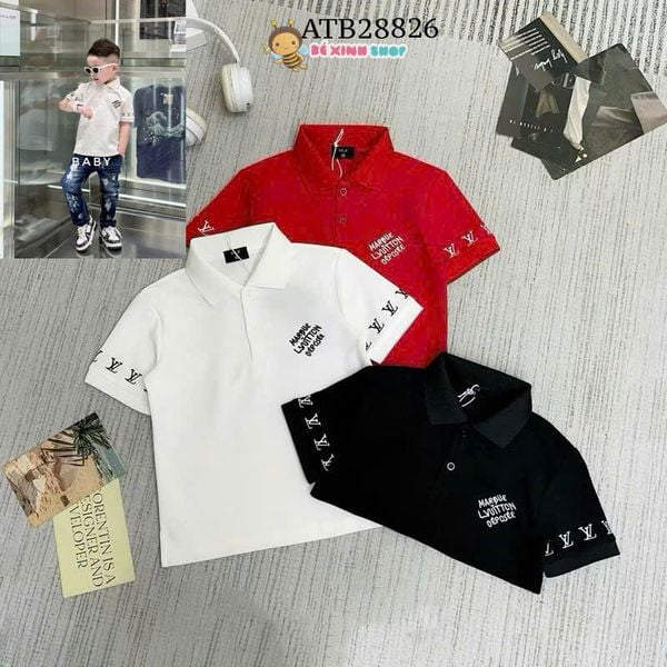 Áo thun cổ bẻ L.V thêu tay dễ thương cho bé trai ATB28826