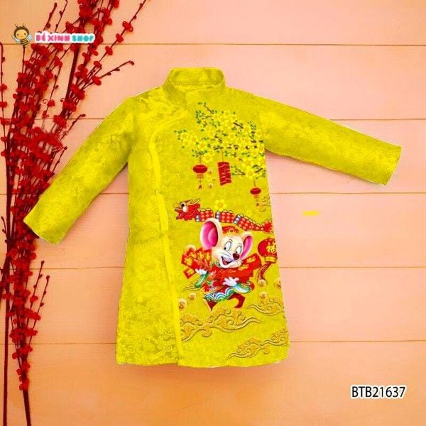 Áo dài gấm cách tân in chuột Ngày Tết dễ thương cho bé trai BTB21637