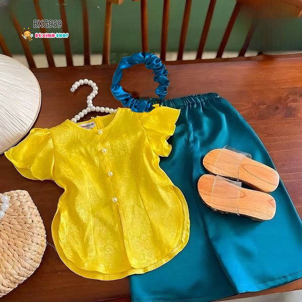 Bộ bà ba gấm vân Hoa dễ thương cho bé gái BXG958