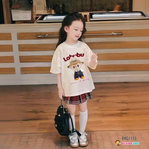 Bộ áo labubu chân váy caro kèm chip dễ thương cho bé gái BXG1153
