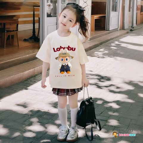 Bộ áo labubu chân váy caro kèm chip dễ thương cho bé gái BXG1153